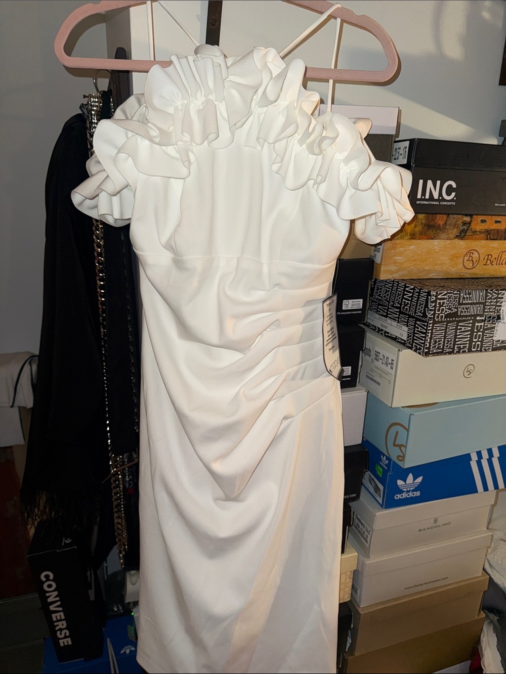 Xscape White Ruffle-Trim I Midi Dress - Picture 2 of 8